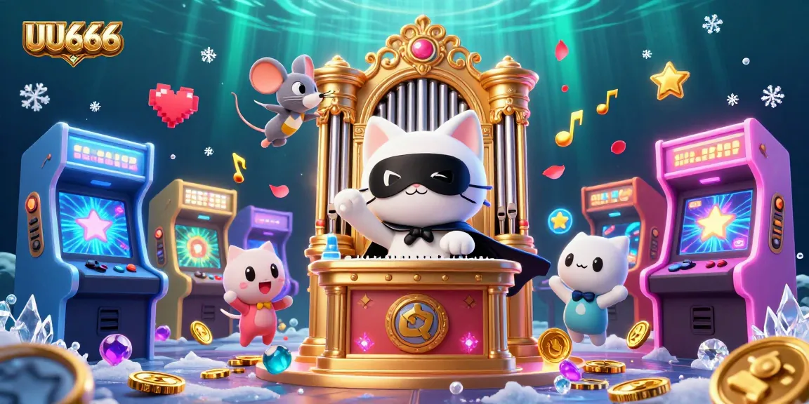 Experience thrilling games at UU666's vibrant casino scene with a phantom cat and acrobat.