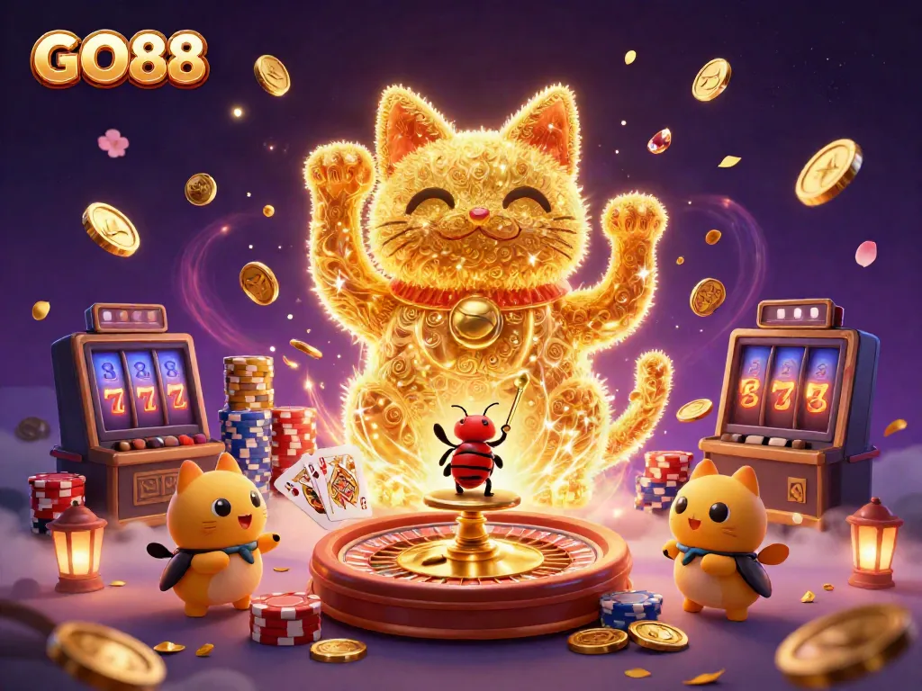 Engage with GO88's golden lucky cat and vibrant casino symbols in a dynamic digital illustration.
