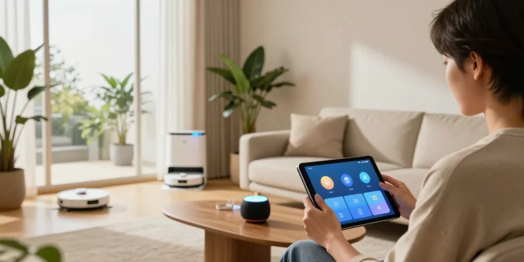 Contemporary living room featuring the best smart home gadgets 2026 with a person controlling devices using a tablet.