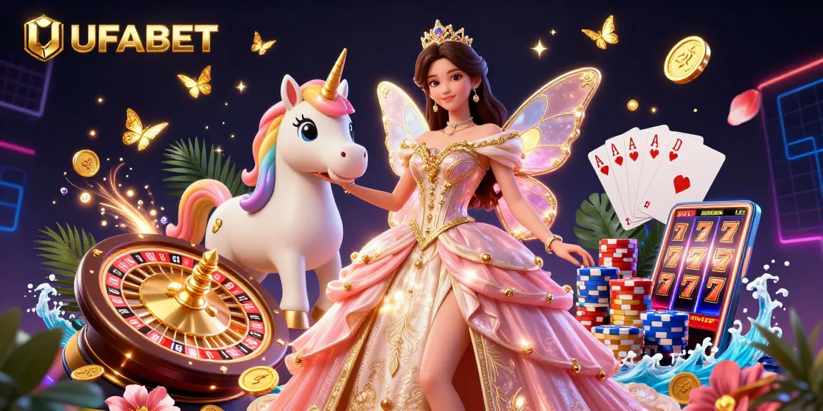 Play exciting games at UFABET with a glamorous Asian woman and a golden unicorn in a vibrant casino scene.