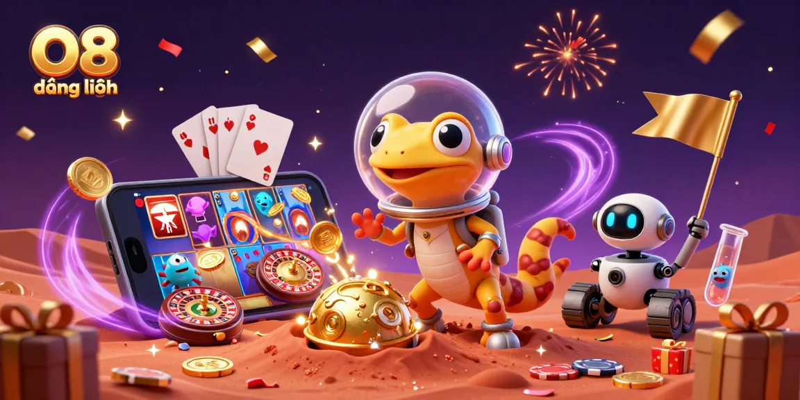 Spin to win at O8 đăng nhập with vibrant casino elements and a Martian gecko discovering treasures.