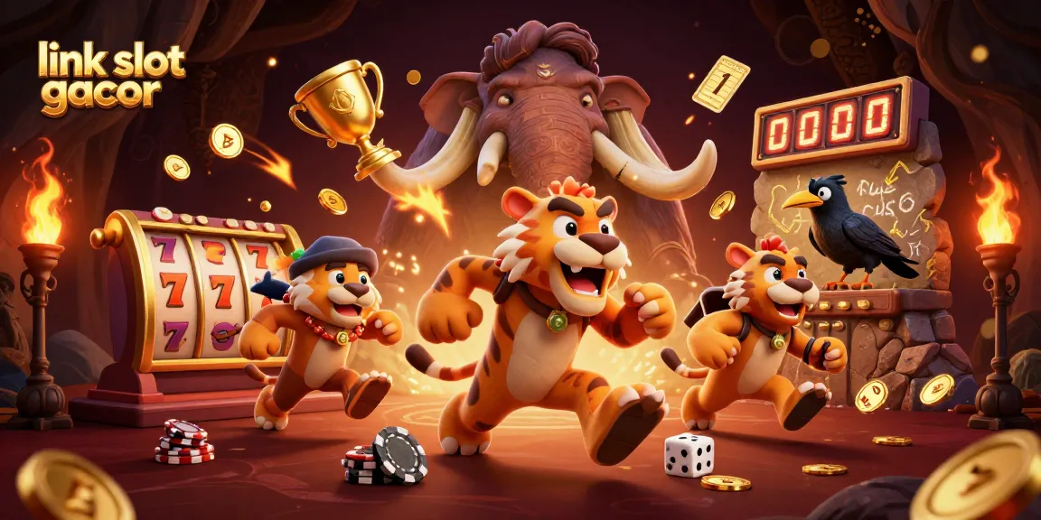 Experience thrilling gameplay at link slot gacor, with vibrant 3D caveman and slot elements.