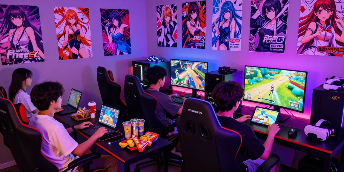 Exciting scene of friends enjoying a free ecchi game in a colorful gaming room.