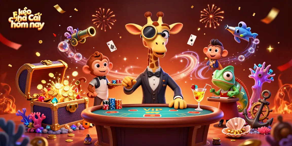 The scene showcases kèo nhà cái hôm nay with a high-roller giraffe, a monkey valet, and a chameleon bartender surrounded by casino-themed elements for advanced gambling.