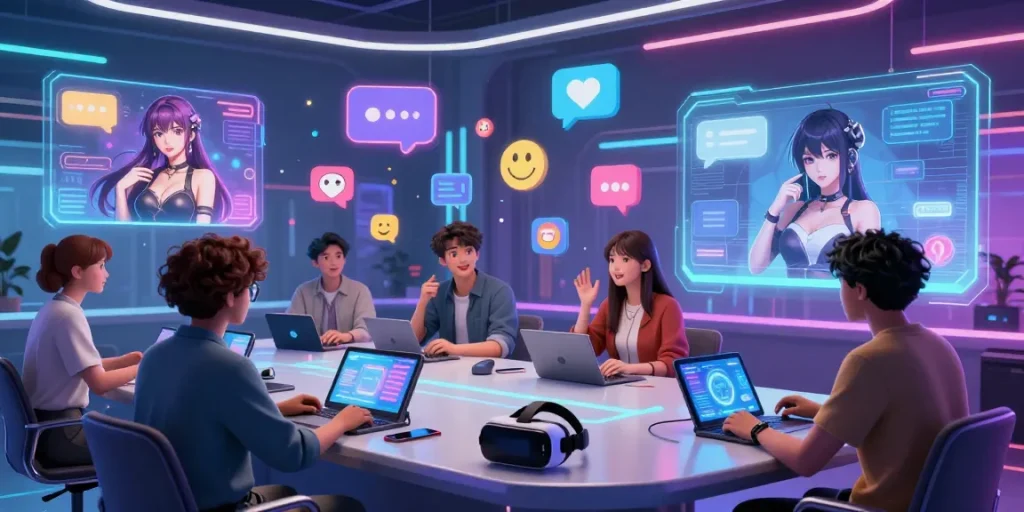 Interactive ecchi chat scene showcasing users engaged with AI characters in a vibrant digital environment.