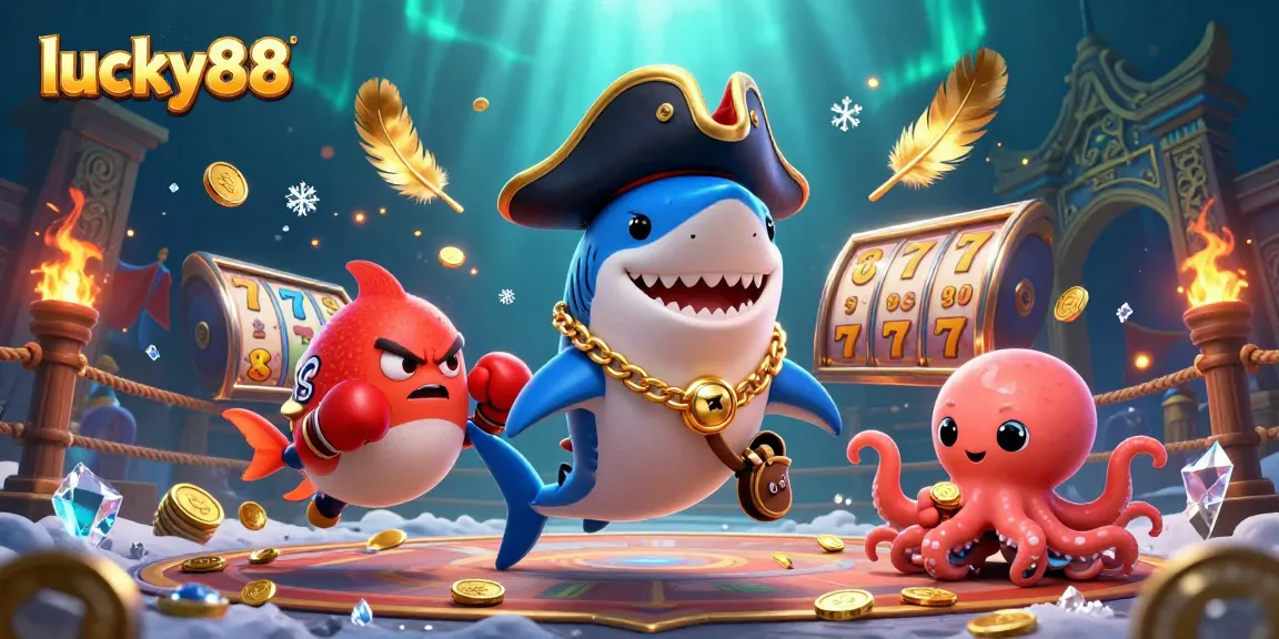 Experience the excitement of lucky88 slots with a cartoon pirate shark and friends in a vibrant casino setting.
