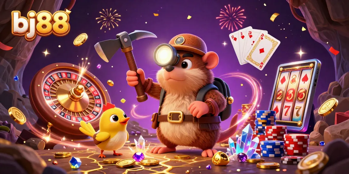 BJ88 offers exciting casino experiences with vibrant gaming elements and rich treasures showcased in a dynamic illustration.