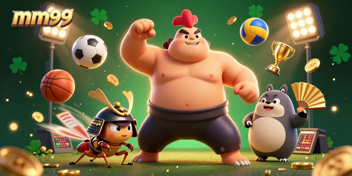 Engage in mm99 gaming excitement with dynamic sports elements, sumo rooster, and samurai cricket.