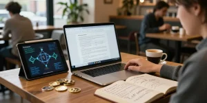 Análisis de blockchain en un entorno de café con un estudiante revisando criptomonedas, diagramas de blockchain y monedas digitales sobre la mesa.