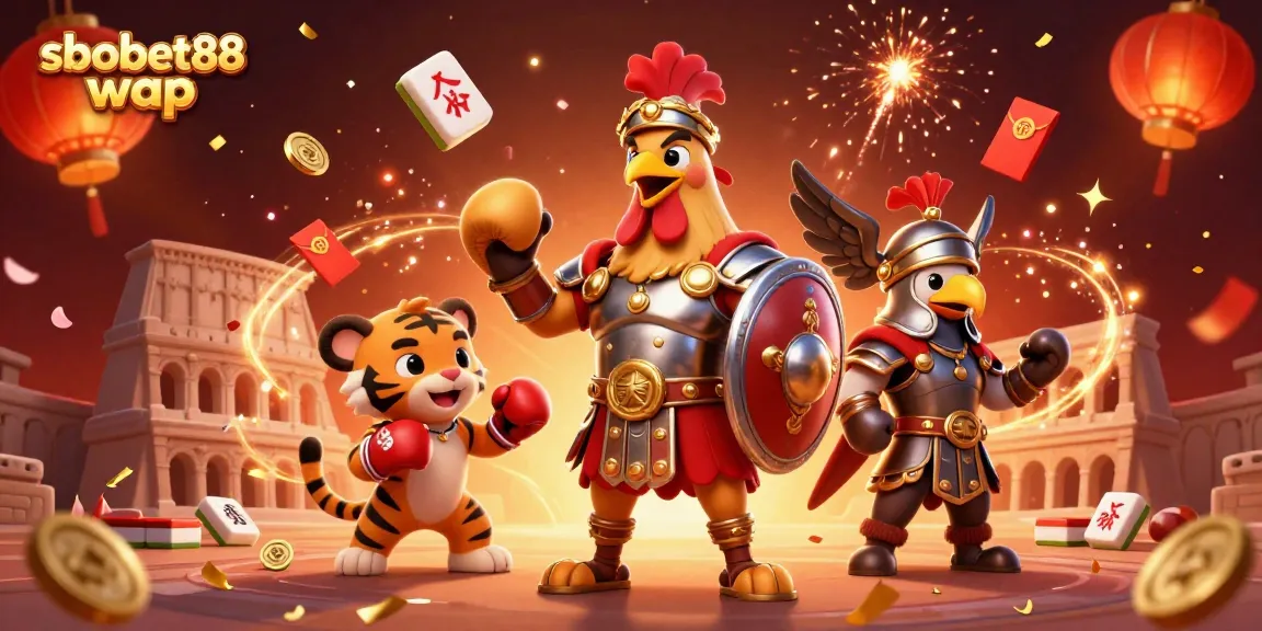 Engage in sbobet88 wap mobile betting with an energetic scene of a gladiator and tiger cub sparring.