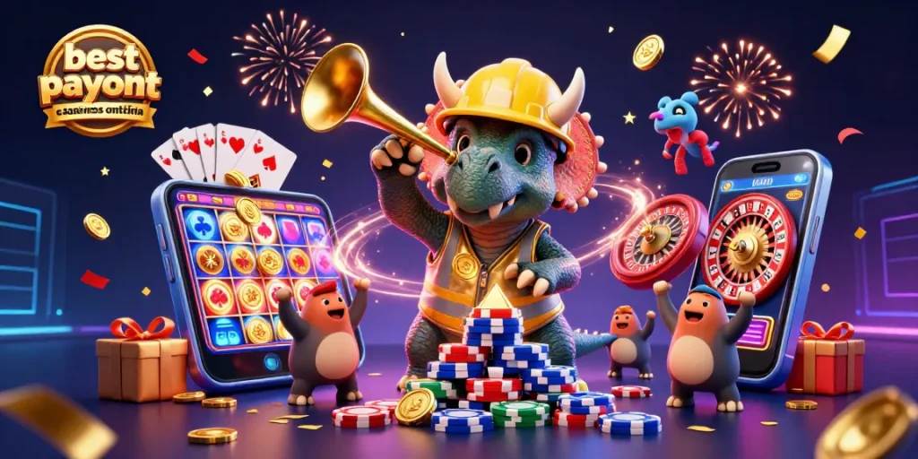 Best payout casinos online Australia scene with a triumphant triceratops celebrating casino wins.