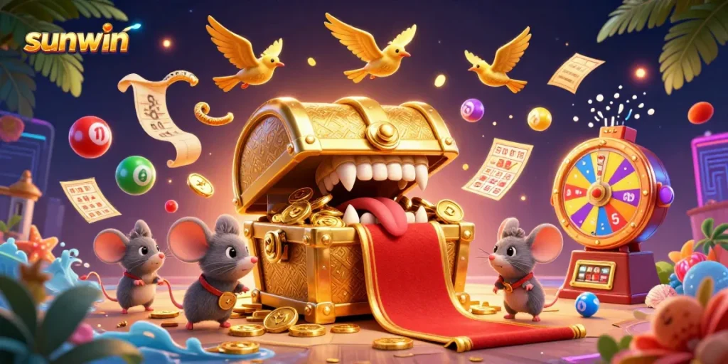 Experience the excitement at Sunwin with a colorful lottery scene highlighting rich rewards and vibrant game elements.