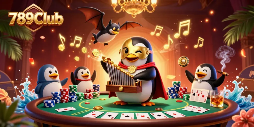 Engage in thrilling poker at 789Club while witnessing a vibrant 3D casino scene filled with golden glory.