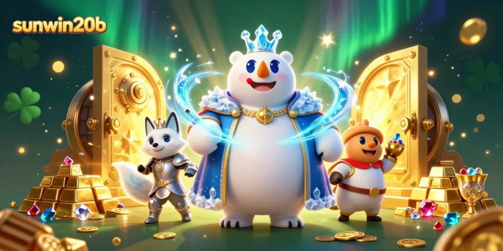 Experience game adventures with sunwin20b featuring a magical polar bear and snow fox amidst treasures.