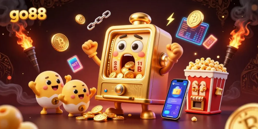 Engage in go88's thrilling victory with a golden slot machine hitting the jackpot amidst cheering characters.