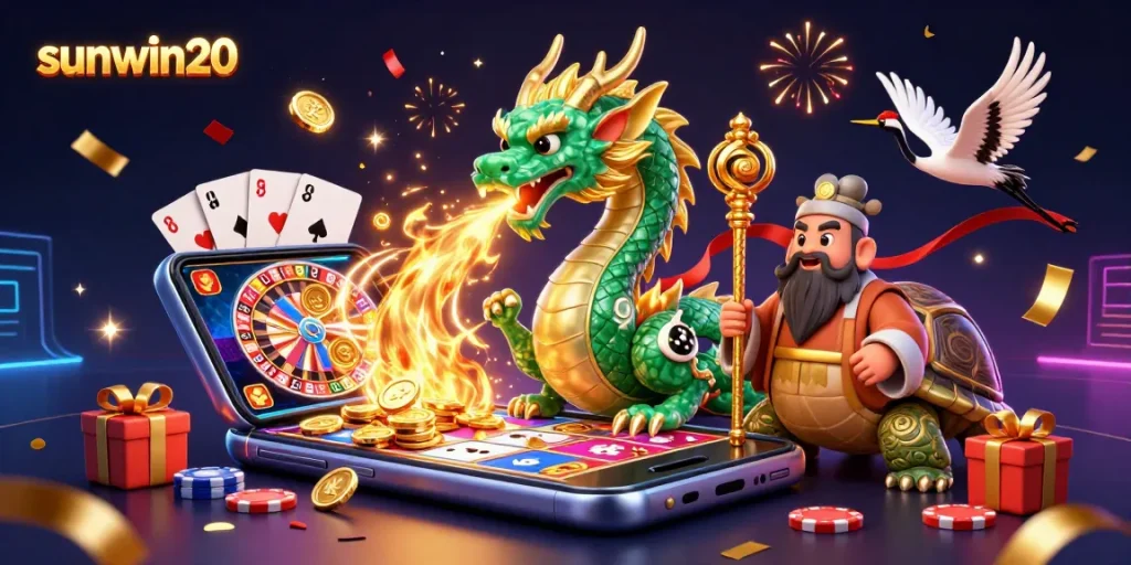 Experience thrilling gameplay with the sunwin20 platform featuring an emerald jade dragon, celebrating wins with vibrant casino elements.