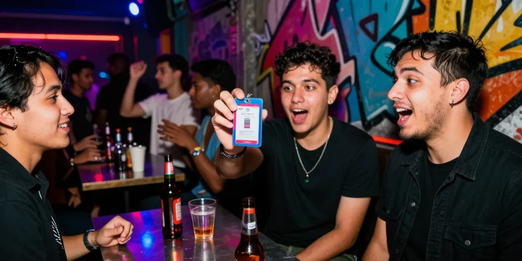 Group of friends enjoying nightlife with Club21id novelty IDs.