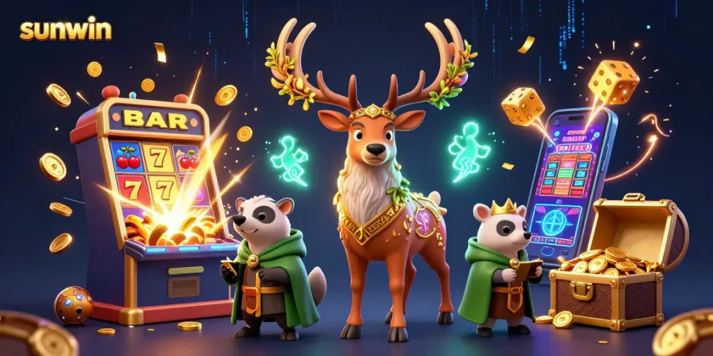 Experience the thrill of sunwin with a magical illustration of gaming, featuring vibrant characters amidst slot machines and casino elements.