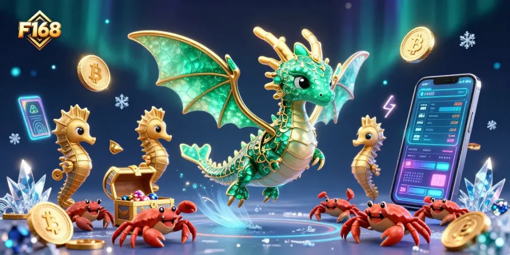 Bet on F168 with vibrant sea dragon treasures and crypto elements for a thrilling gaming experience.