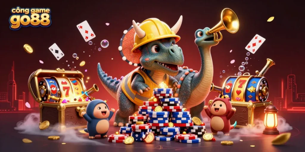 Join the excitement at cổng game go88 with vibrant triceratops and parasaurolophus as they celebrate amidst thrilling gaming elements.